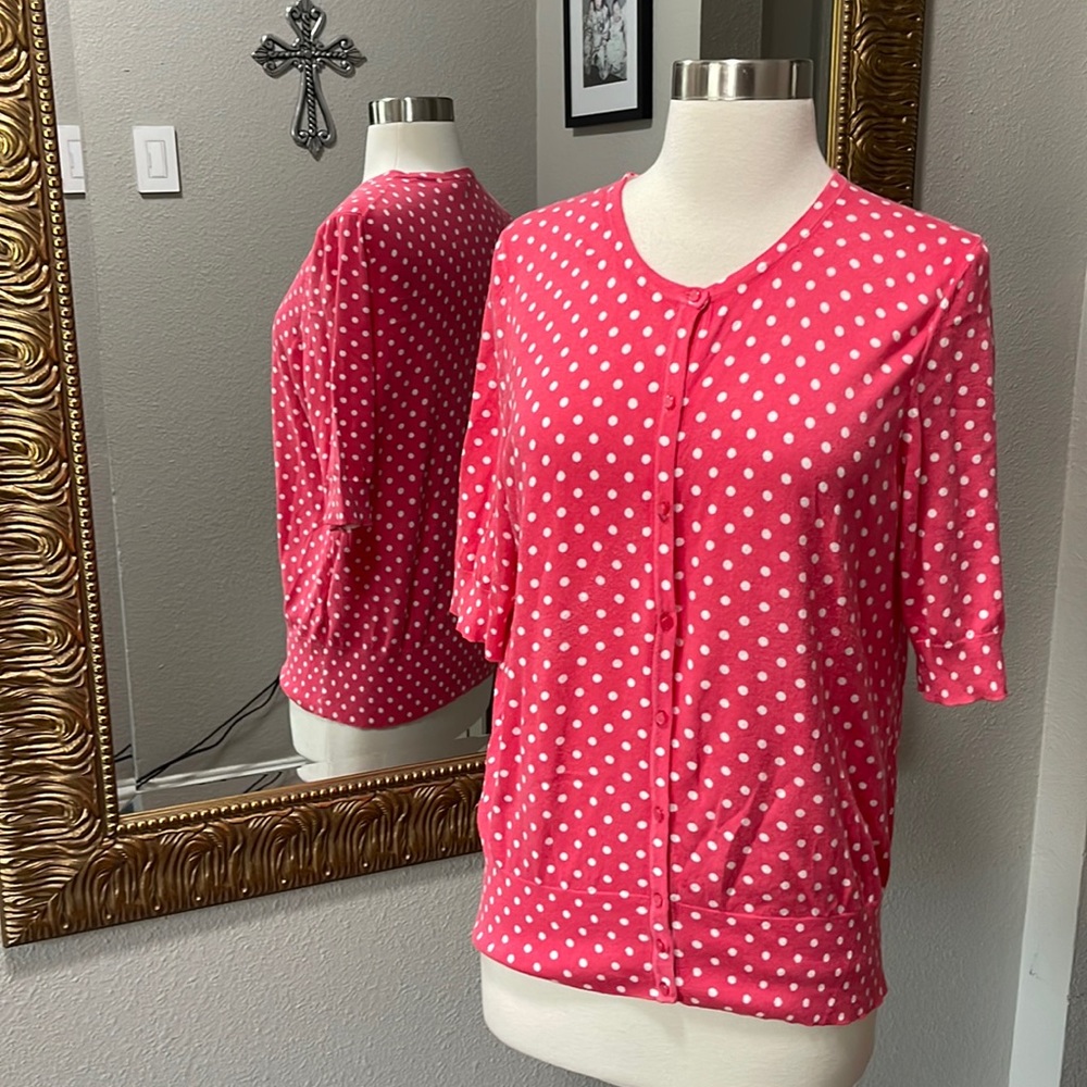 Ann Taylor Pink & White Polka Dot Cardigan Sweater